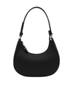Black Small Crescent Shoulder Bag for Women – Adjustable Strap, Gold Accents